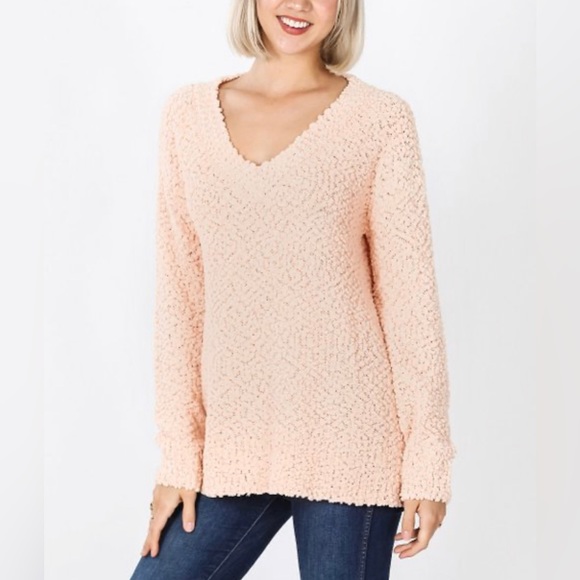 Zenana - Light Peach Popcorn-Knit V-Neck Sweater - Plus - Picture 1 of 4